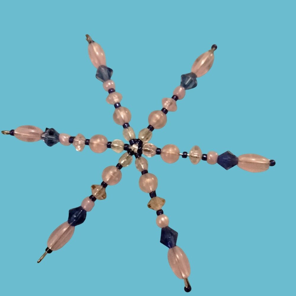 Christmas Ornament Star Handmade Beads White Pearl Blue Crystal  Suncatcher 3 in